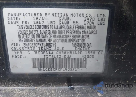 2015 Nissan Versa Note Sl from USA, damaged, VIN 3N1CE2CPXFL405719